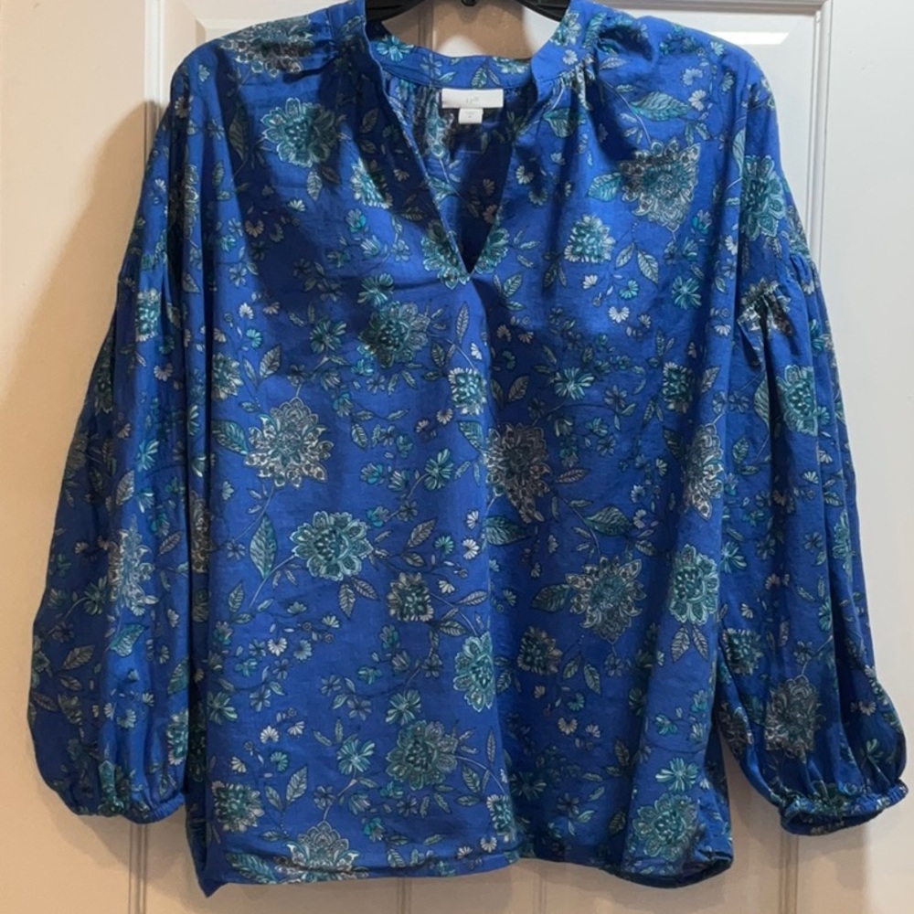 JJill Royal Blue Jacobean Oversized Split Neck Top